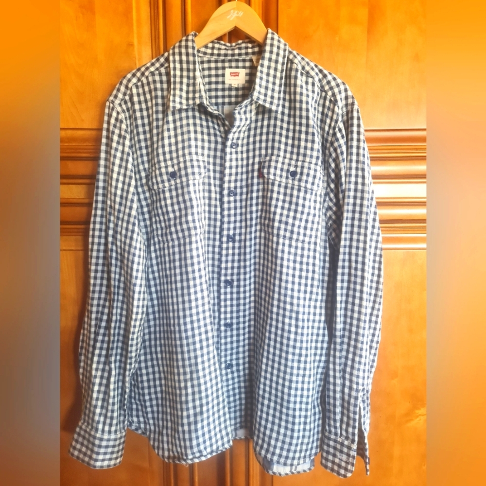 Levi's Blue White Checked L/S Shirt 2 Front Pockets Reverse Print Roll Up Cuffs